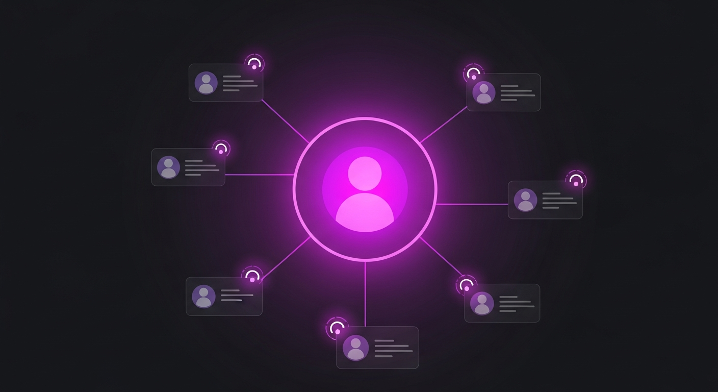 A main Instagram profile connected by lines to several candidate secondary accounts, each tagged with a match percentage