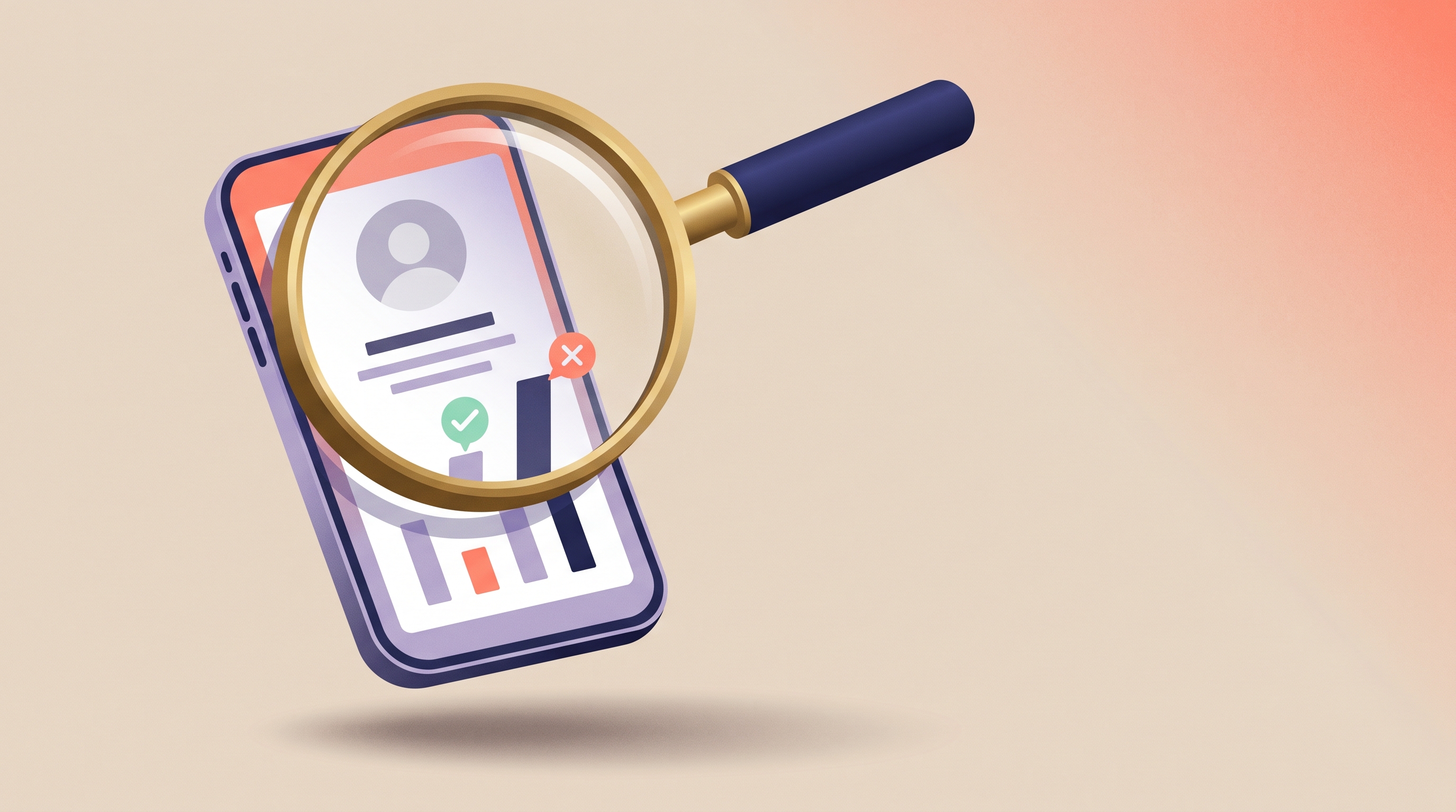 Editorial magnifier over an abstract Instagram profile card with green and red verification indicators